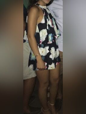 Black Floral Halter Romper with White Blooms